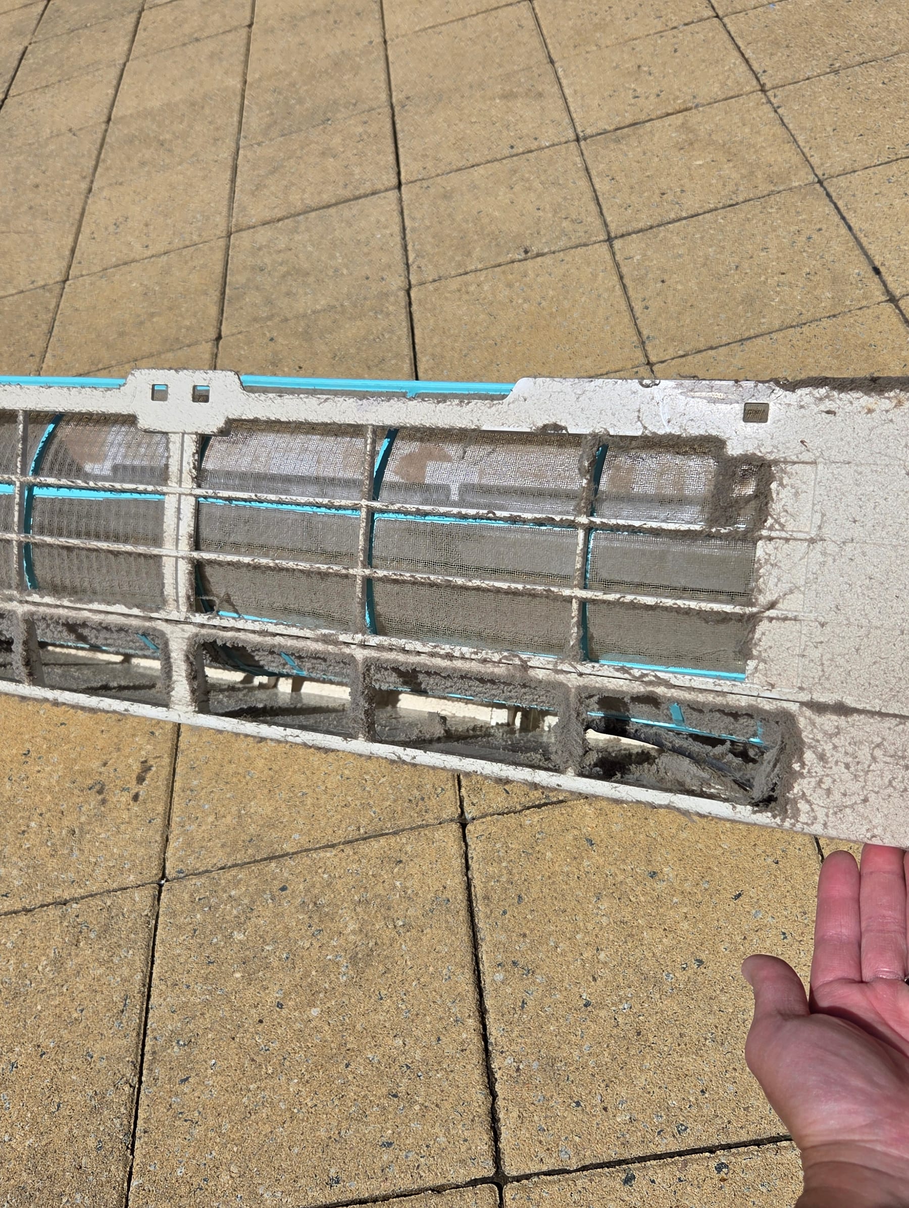 Dirty split system filter and cover before a service — Otter Air, Perth