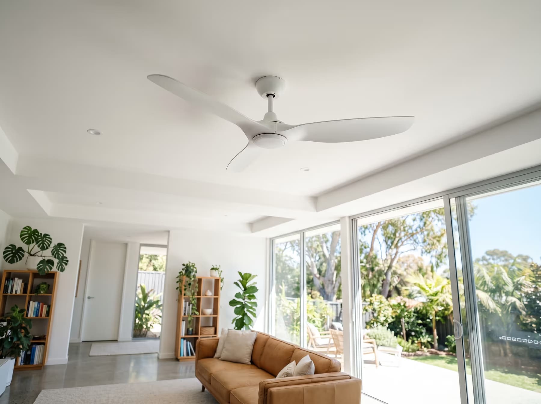 Sleek modern ceiling fan in a bright Perth living room
